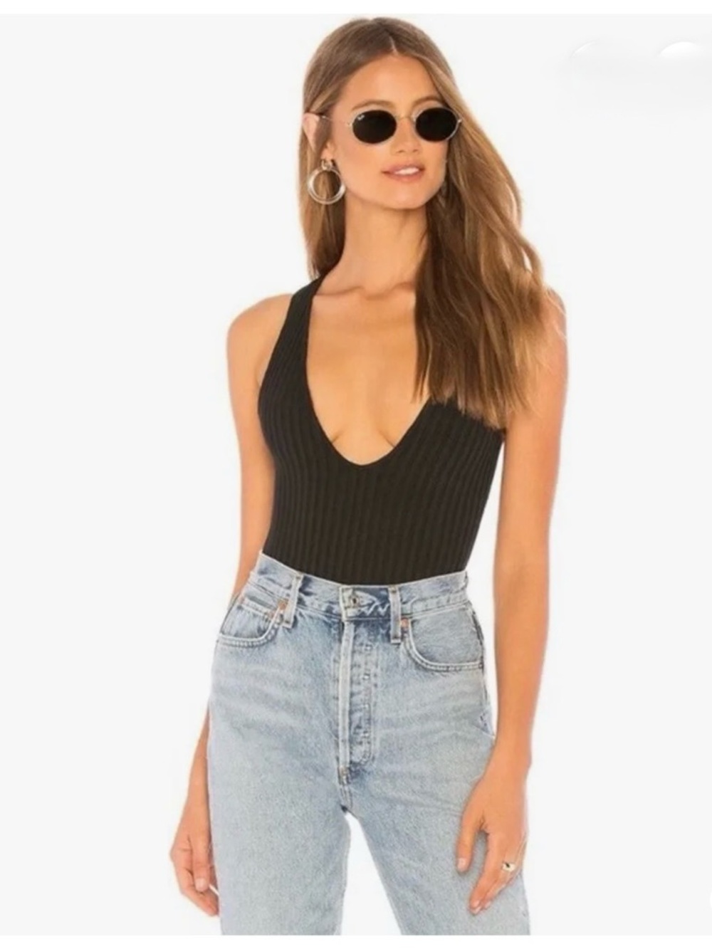 NBD Black Ribbed Deep V Tank Bodysuit Zipper Back